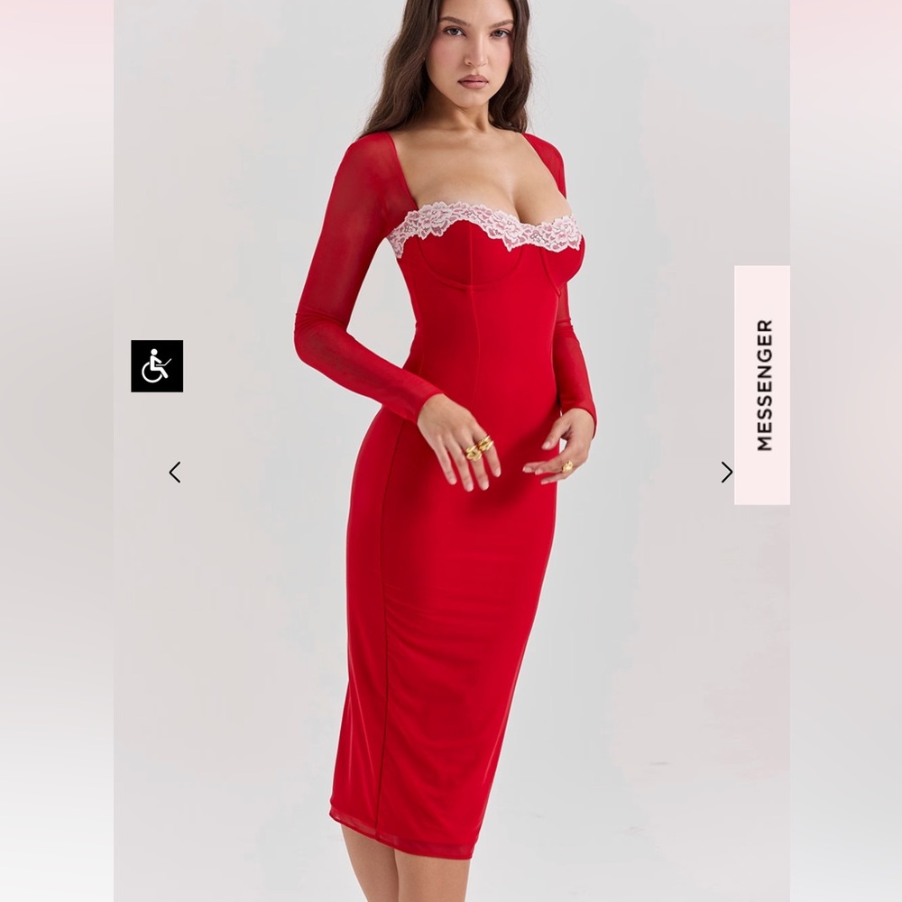 House of CB Red Lace Trim Midi Dress